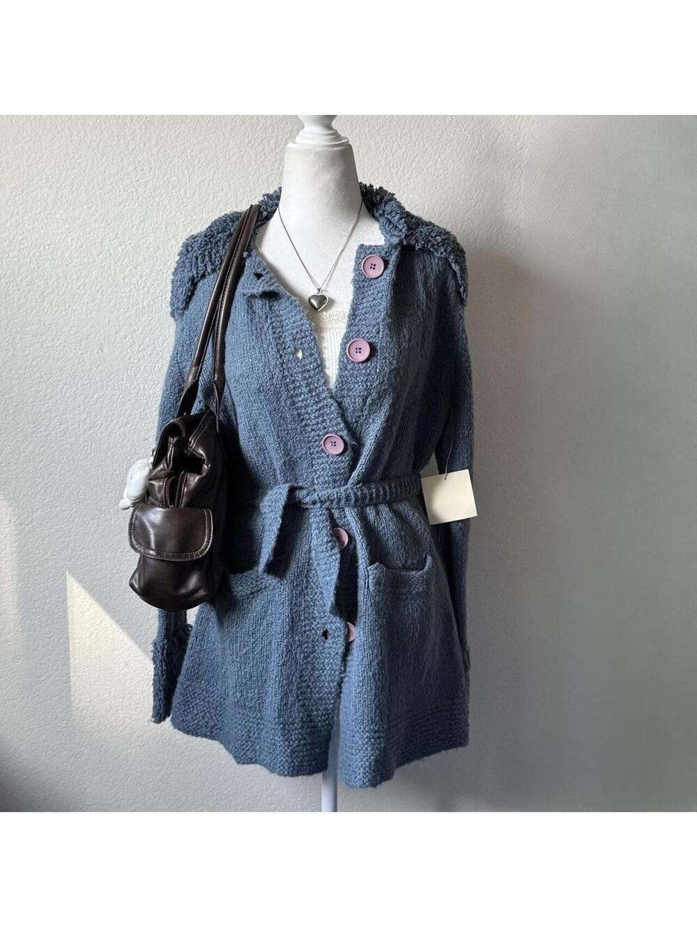 vintage deadstock blue crochet knit button up cardigan with waist tie